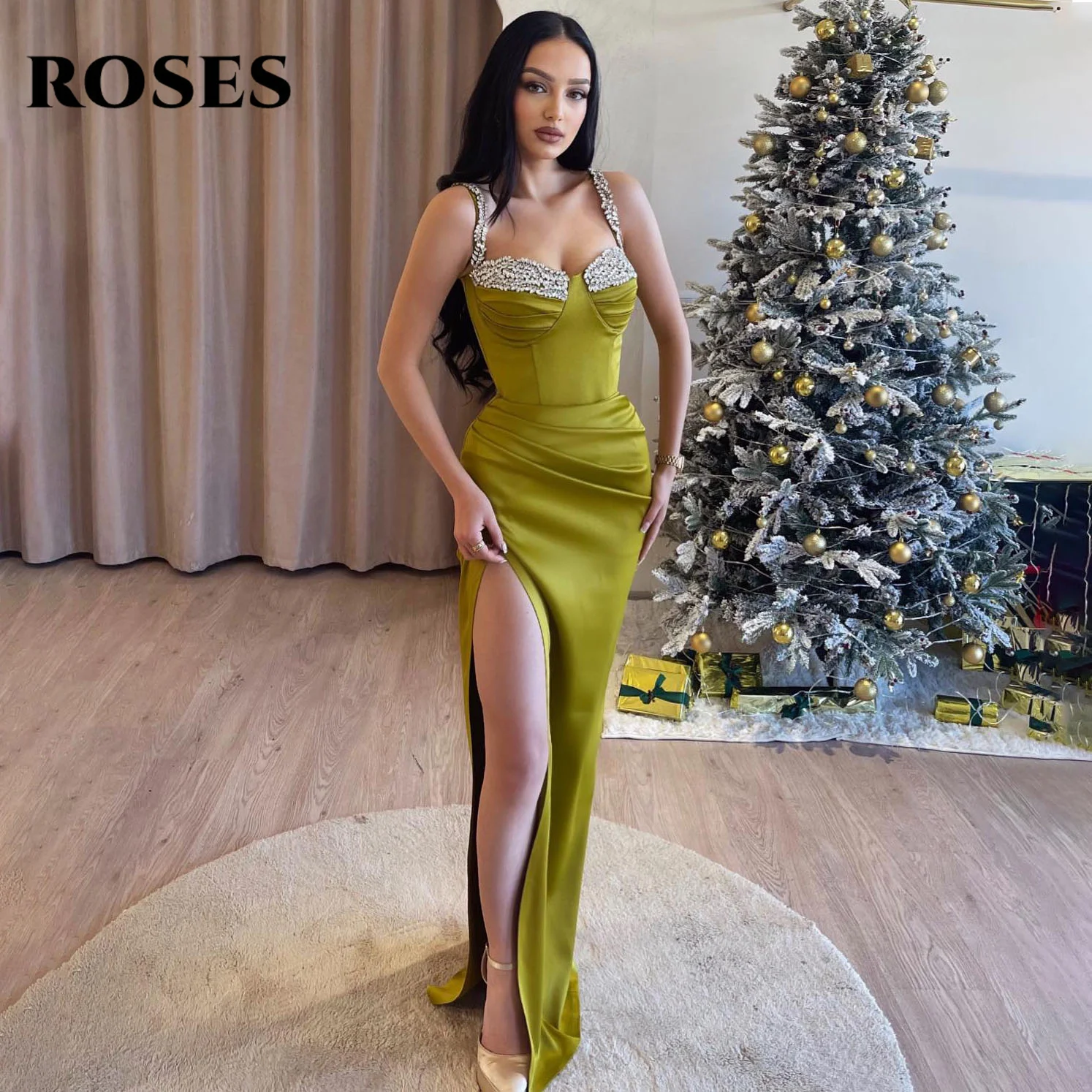 

ROSES Spaghetti Strap Mermaid Green Evening Dresses Stain Halter Sequin Prom Dress Pleat Party Dress with Slit vestidos de noche