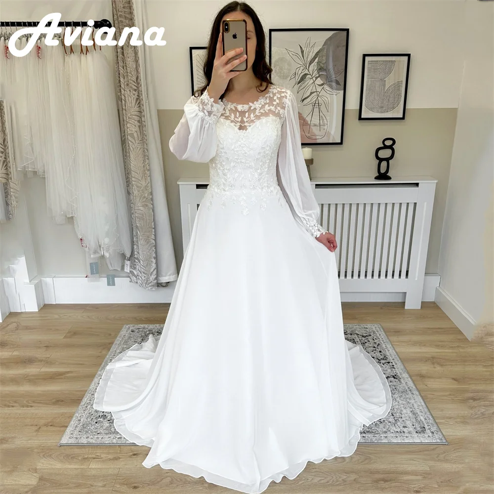 

Aviana Chiffon Long Puff Sleeves White Wedding Dresses O Neck Lace Appliques A Line Full Back Boho Brides Gown Sweep Train