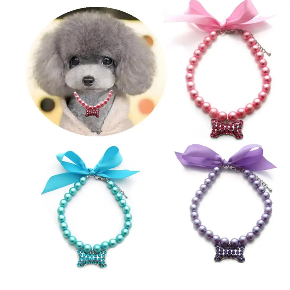 

YOUZI 5 Pieces Pet Pearl Necklace Fancy Diamond Crystal Dog Pearl Necklace Colorful Collars With Bling Rhinestones Bone (S)