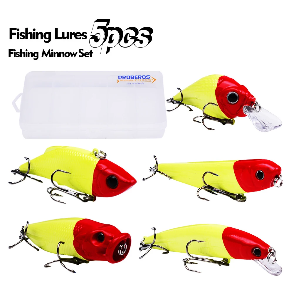 

5PCS Fishing Lures Kit Popper Crank Baits With Double Sharp Treble Hooks For Saltwater Freshwater Trout Bass Salmon Fishing