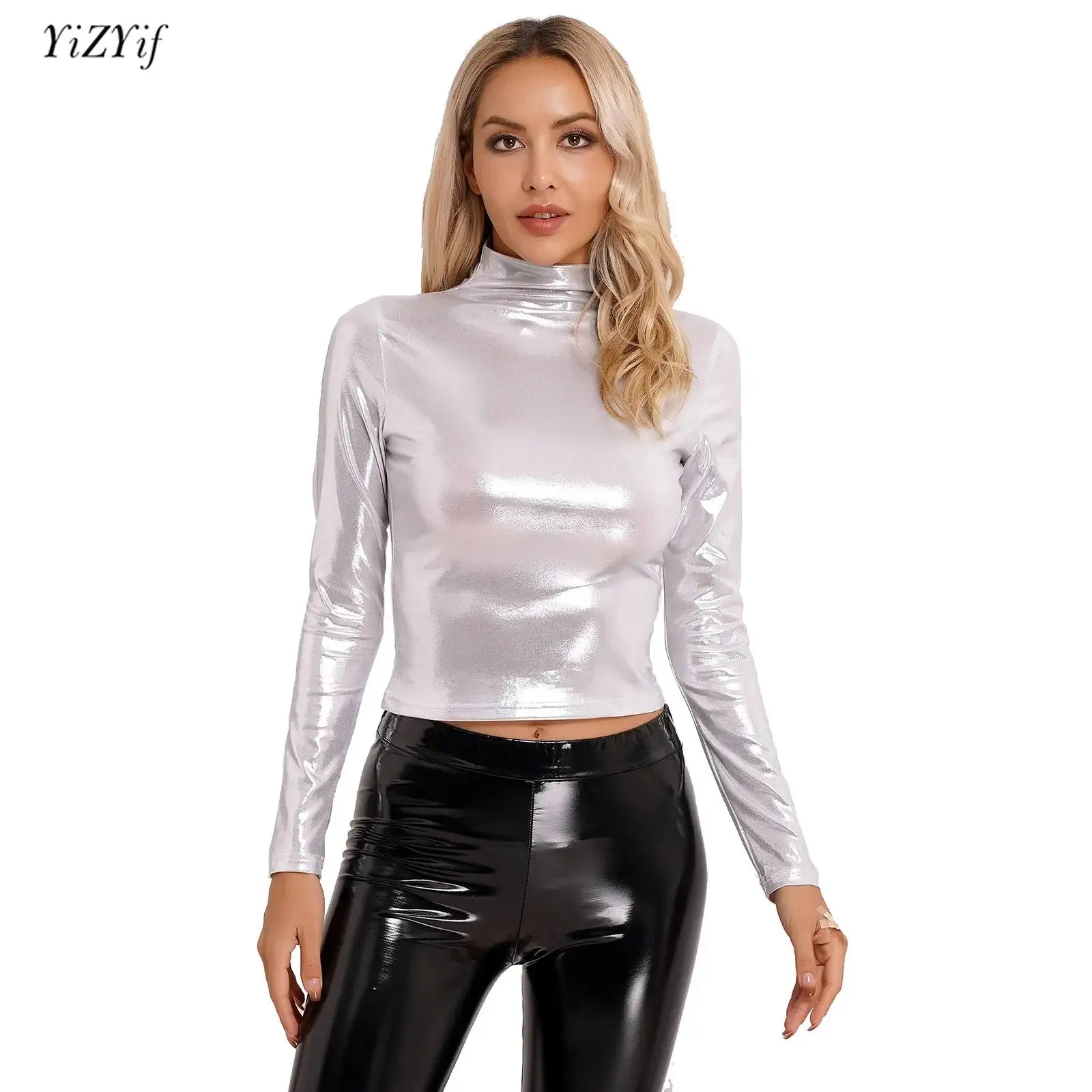 

Womens Metallic Liquid Long Sleeve Crop Top T-Shirt Fashion Wet Look Slim Fit Holographic T-shirt Tops Rave Party Club Dancewear