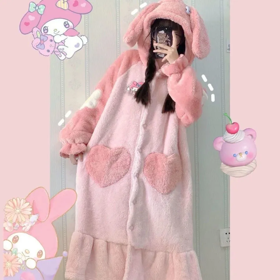 

Sanrio Kuromi Hello Kitty Coral Fleece Nightgown Warm Casual Hooded Homewear Soft Plush Home My Melody Pajama Pants Set