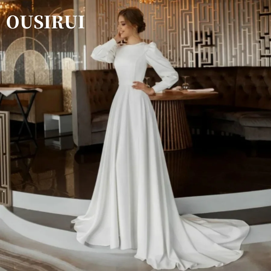 Satin Button Modern Style A-Line Sweep Train For Women Custom Bridal Wedding Dress Muslim Long Sleeves O-Neck Soft Made Measure
Satin Button Modern Style A-Line Sweep Train For Women Custom Bridal Wedding Dress Muslim Long Sleeves O-Neck Soft Made Measure