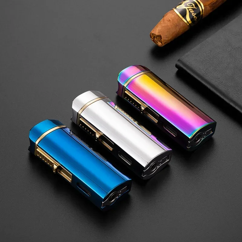 

Metal Cigar Lighter Metal Windrproof 3 Jet Torch Blue Flame Refillable Gas Butane Cigar Lighter Accessories with Cigar Punch