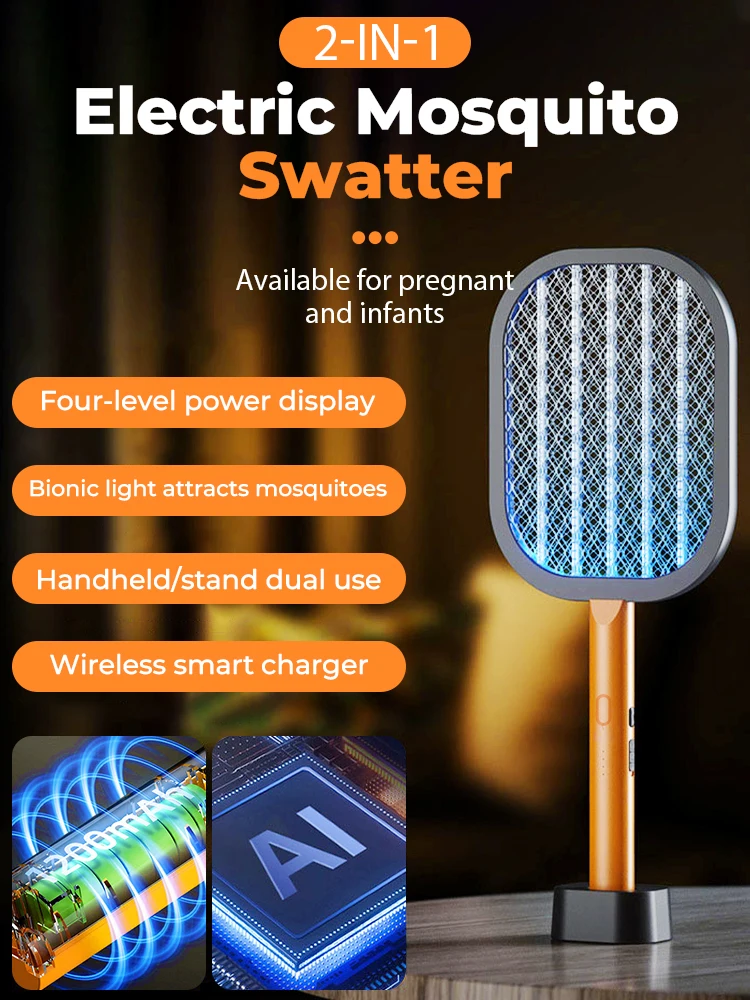 

2 In 1 Electric Mosquito Swatter Racket Rechargeable Mosquito Killer Lamp Racket Fly Swatter Lithium Battery With Base