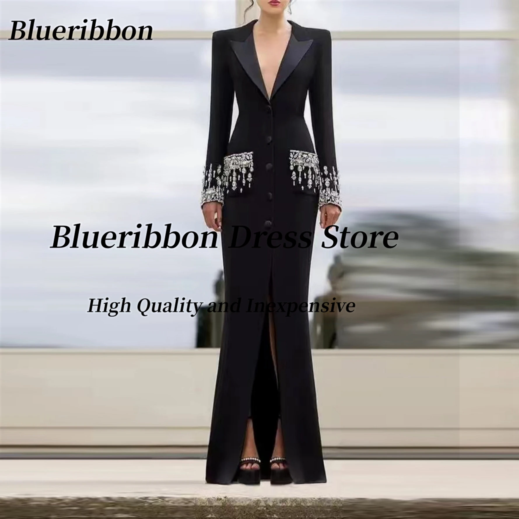 

Blueribbon Haute Couture Dresses for Ladies Lapel V Neck Buttons Front Slit Evening Dress Beaded Long Sleeves Prom Party Gowns