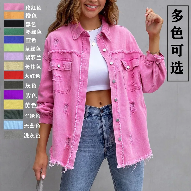 

Manufacturer's direct sales of cross-border new American style solid color medium long hole long sleeved denim jacket with