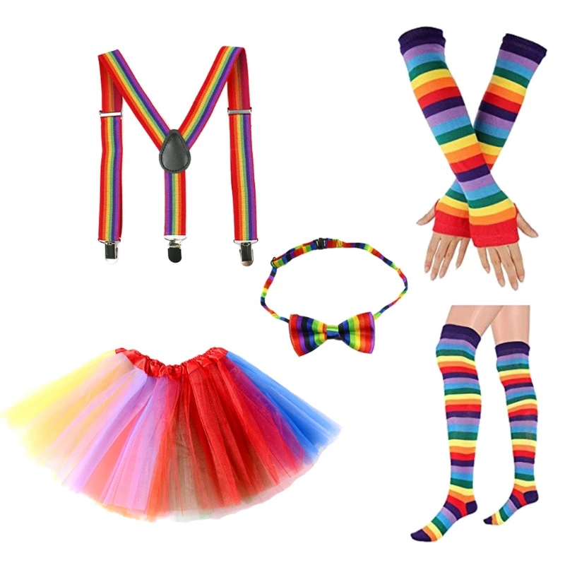 

Adult Kids Rainbow Costume Accessories Set Tulle Skirt Fingerless Gloves Long Socks Bow Tie Suspender Cosplay Party