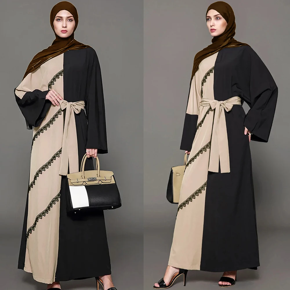 

Women Muslim Long Sleeve Maxi Dress Lace Stitching Islamic Middle East Dubai Robe Color Block Belted Abaya Kaftan Eid Ramadan