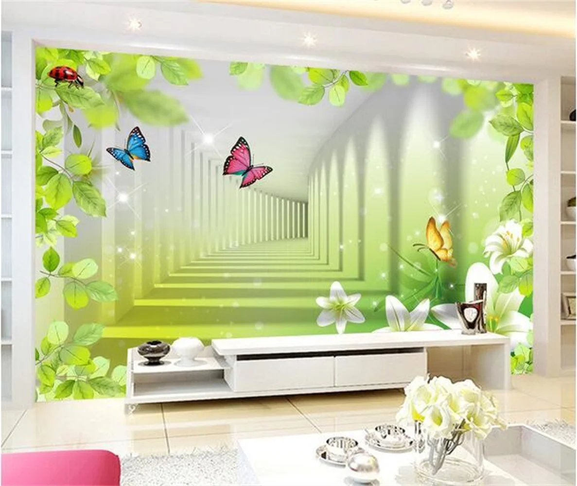 

beibehang custom mural non-woven 3d room wallpaper 3D TV backdrop green leaf lily butterfly photo 3d wall murals wall paper