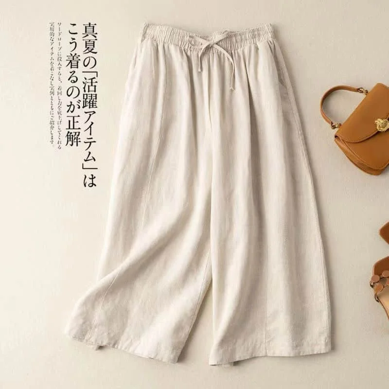 

Cotton Linen Cropped Pants Women Loose Casual Baggy Pants Vintage Summer Korean Style Elastic Waisted Trousers Wide Leg Pants