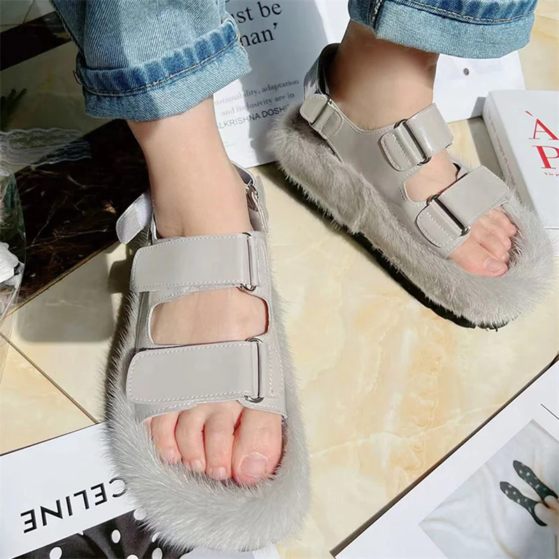 

Women's Fur Slippers Fashion Thick Soled Mink Fur Sandals Autumn And Winter Women's High-quality Outdoor Casual Sandals