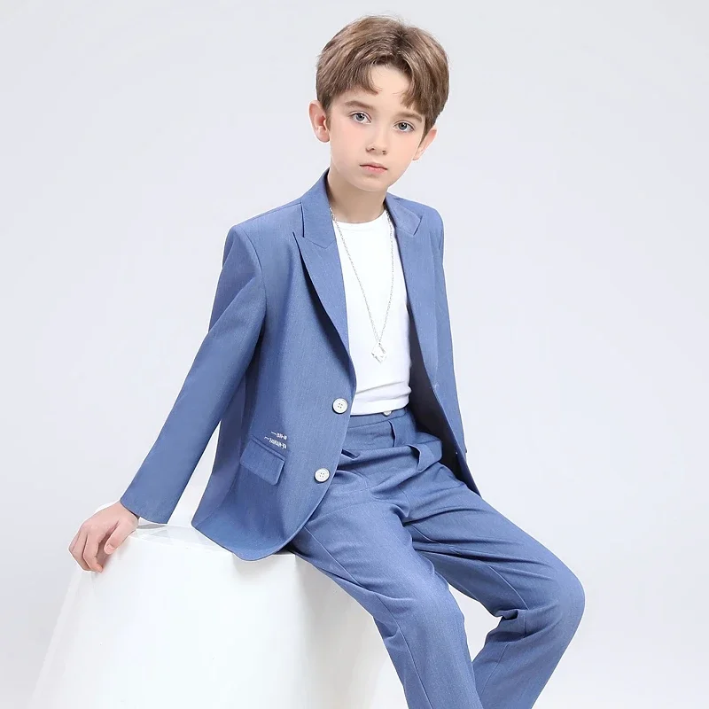 

Boys Grey Blue Slim Fit Suits Formal Wear Children Teenager Best man Host Performance Clothes Kids Students Party Full Dress
