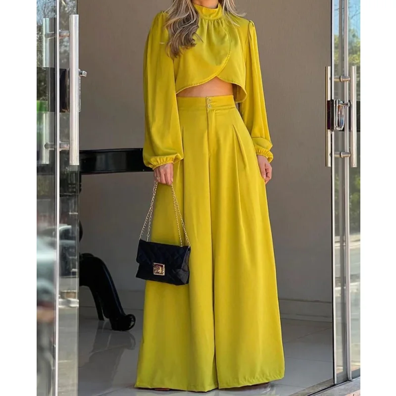 Women Yellow Irregular Bareback Top Wide Leg Pant Set Spring Summer Office Lady High Collar Long Sleeve Shirt High Waist Pants
Women Yellow Irregular Bareback Top Wide Leg Pant Set Spring Summer Office Lady High Collar Long Sleeve Shirt High Waist Pants