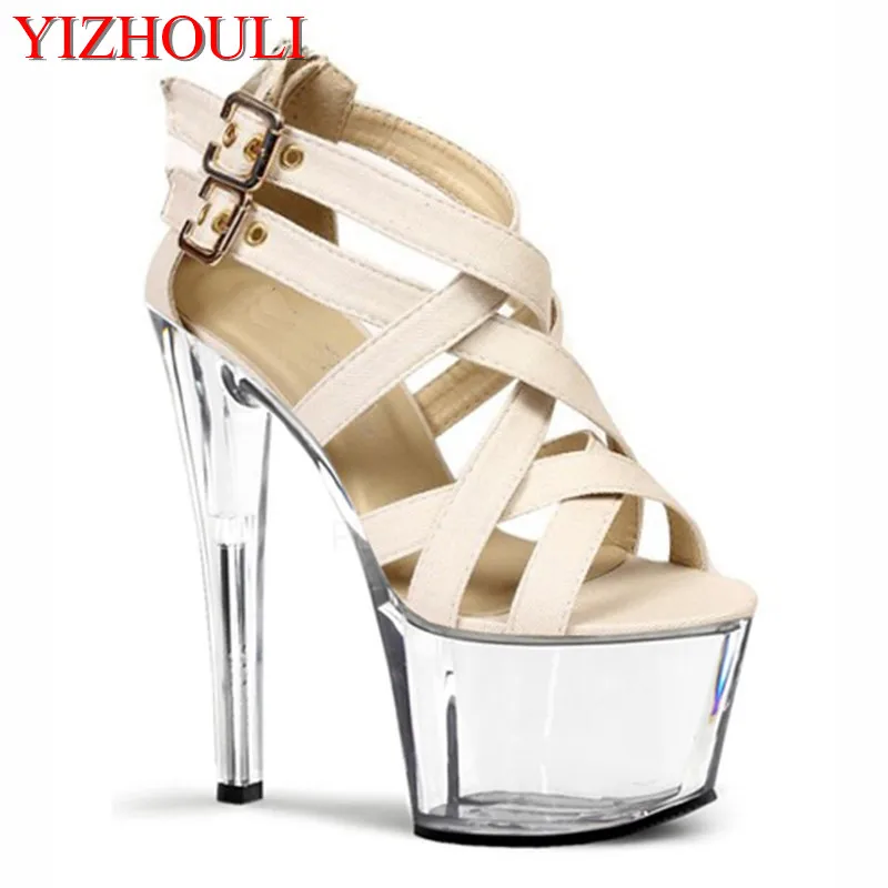 

Sexy new ankle strap gladiator sandals, crystal sole, 17cm high heel model party dance shoes