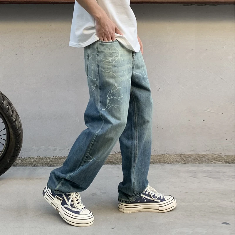 

Fashion Brand Washed Burnt Flower Printed Hip Hop Jeans Men's Loose Straight West Coast High Street Wide-Leg Pants