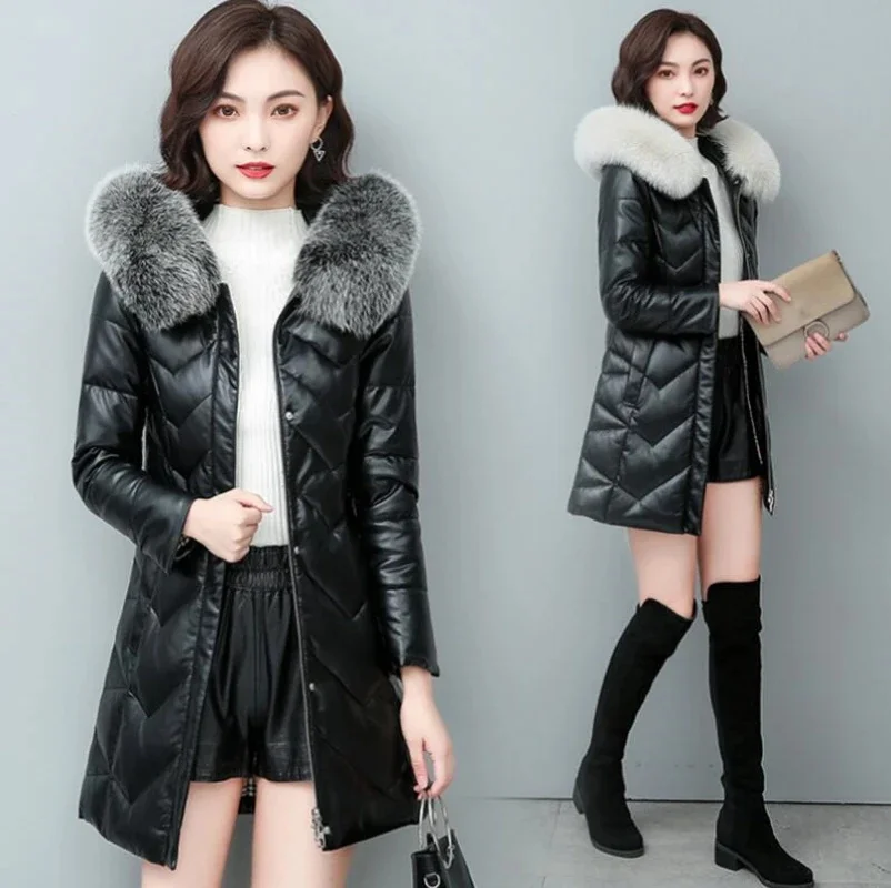

Women Winter Warm Sheepskin White Duck Down Jacket Hood Puffer Coat Fox Fur Collar Thick Luxury Outerwear real Leather Coats