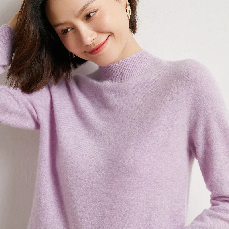 

100% Merino Wool Sweater Women's Half High Neck Pullover Loose Knit Bottoming Shirt Autumn Winter Long Sleeves Soft Cashmere Top