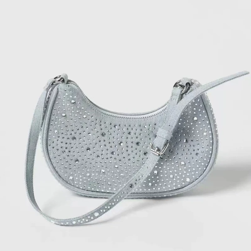 

Fashion Denim Shoulder Hobo Bag Luxury Rhinestone Design Women's Underarm Bag All-match Casual Armpit Bag Female Daily Handbag