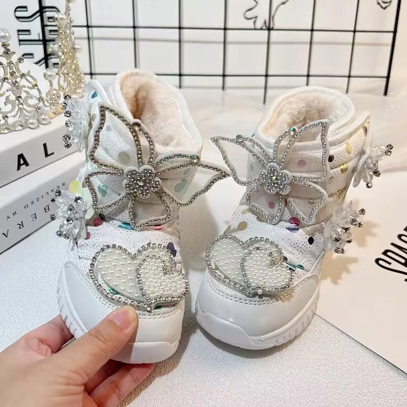 

Rhinestone pearl hand-made fleece warm boots Butterfly embellished sequins sweet winter children's boots 24-37