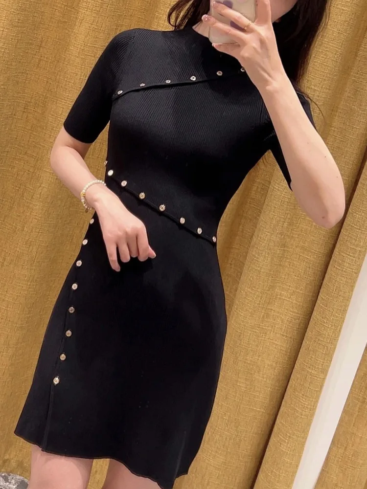 Cleareance Price Women's Asymmetric Slim Knitted Mini Robe Metal Buttons Female Black Knit Dress Temperament
Cleareance Price Women's Asymmetric Slim Knitted Mini Robe Metal Buttons Female Black Knit Dress Temperament