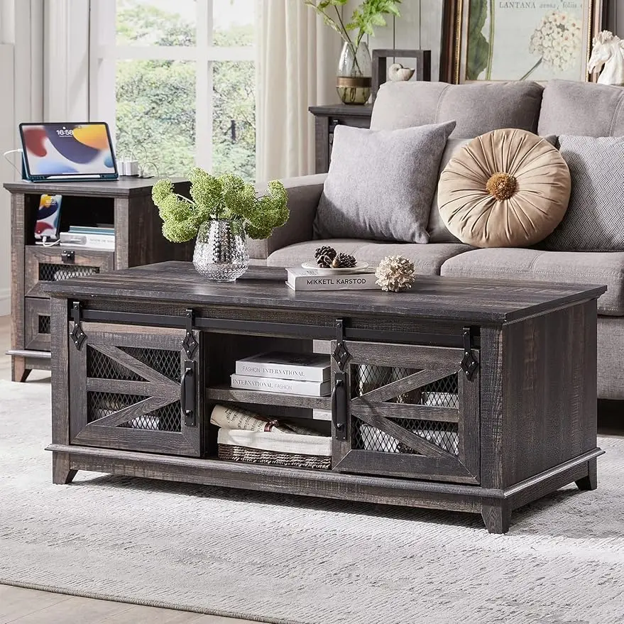 

Coffee Table with Storage & Sliding Barn Doors, Farmhouse & Industrial Center Table w/Adjustable Shelves for Living Room