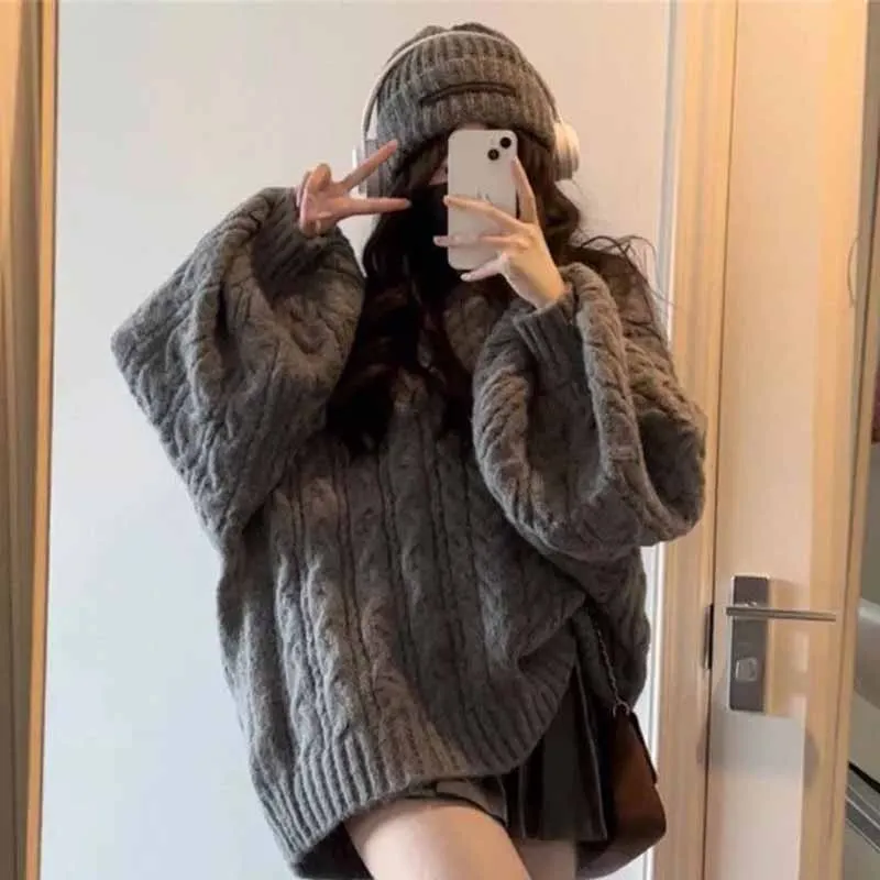 

Autumn Winter Female Lazy Style Loose Fitting V-neck Versatile Knitwear Women Korean Mid Length Version Knit Pullover Sweater