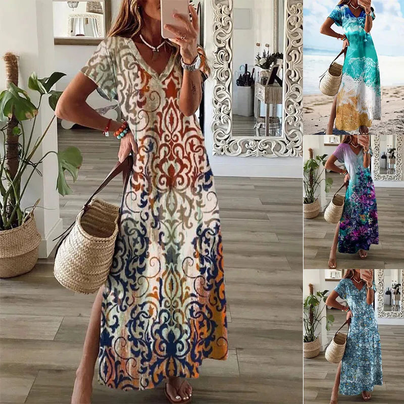 

Hot Selling Cross-border Women's Clothing 2023 Summer New Split Short Sleeve Dress Long Dress Elegant and Pretty Women's Dresses