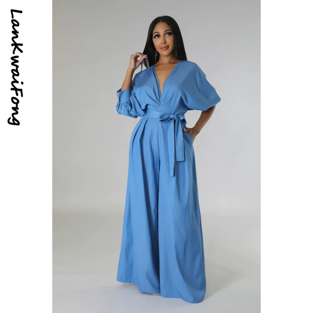 LKF Temperament Casual Sexy V-neck Solid Color Half-sleeve Strap Wide-leg Trousers Blue Loose Jumpsuit Women 
LKF Temperament Casual Sexy V-neck Solid Color Half-sleeve Strap Wide-leg Trousers Blue Loose Jumpsuit Women