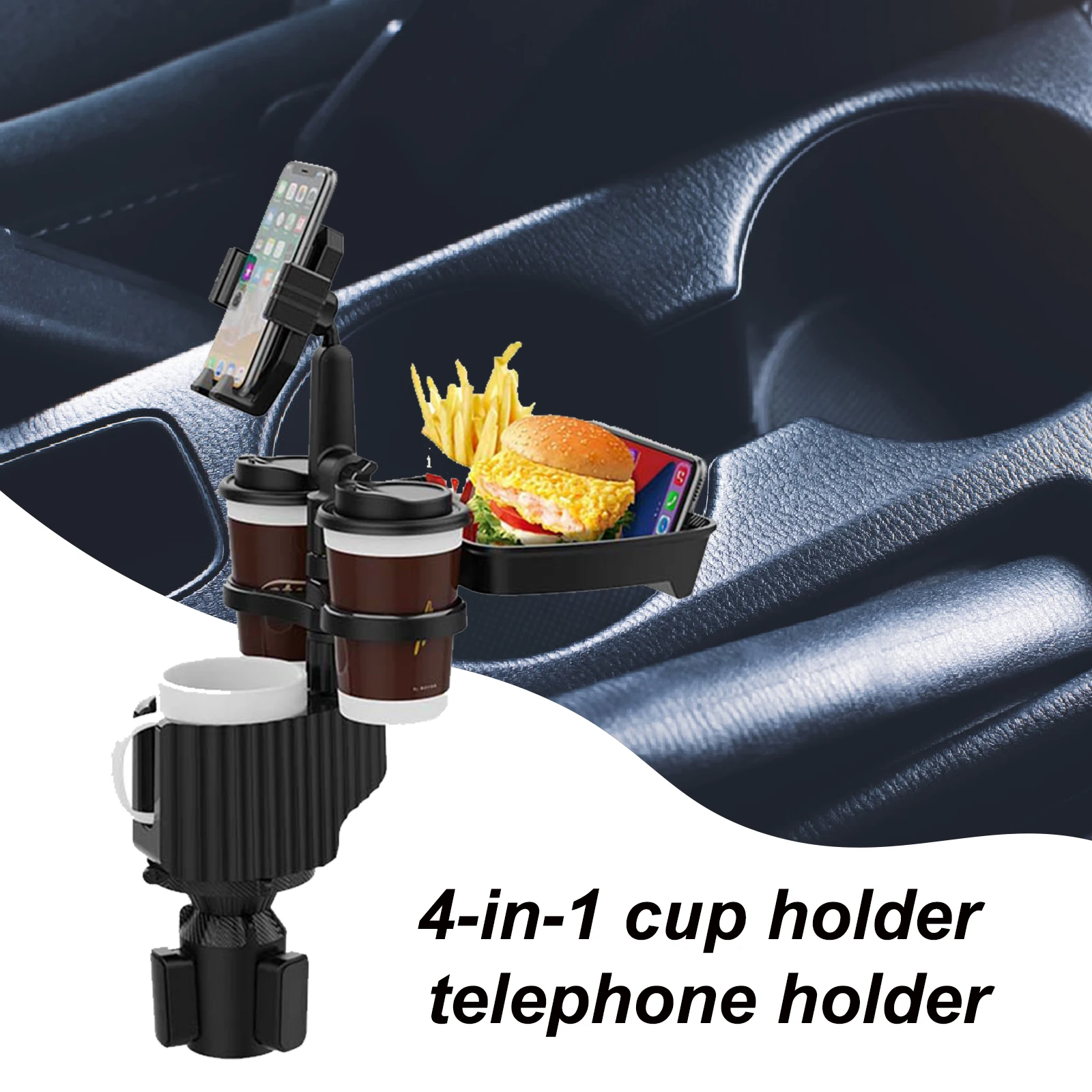 

4 In 1 Cup Holder Phone Mount for Car Adjustable Car Food Tray Expander with 360° Rotation Tray for Car Accesssories