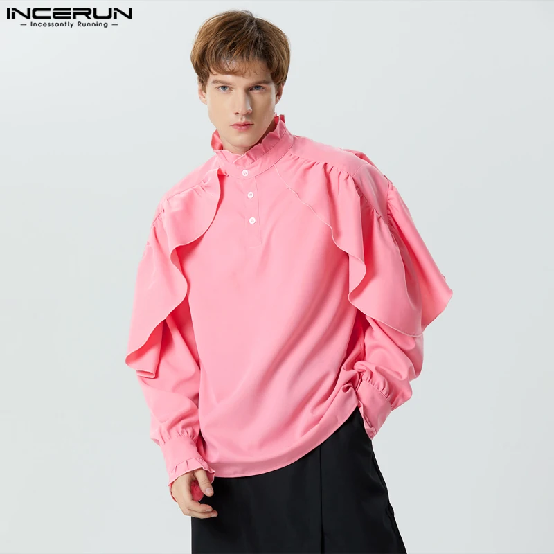 

INCERUN Men Shirt Solid Color Ruffle Stand Collar Long Sleeve Casual Unisex Irregular Shirts Streetwear 2023 Loose Camisas S-5XL