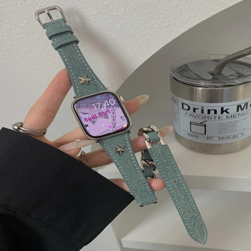 Luxury Leather Double Loop Denim for Apple watch Strap Ultra 2 49mm 45mm 41mm Metal Chain band for iwatch series 9 8 SE Bracelet
Luxury Leather Double Loop Denim for Apple watch Strap Ultra 2 49mm 45mm 41mm Metal Chain band for iwatch series 9 8 SE Bracelet