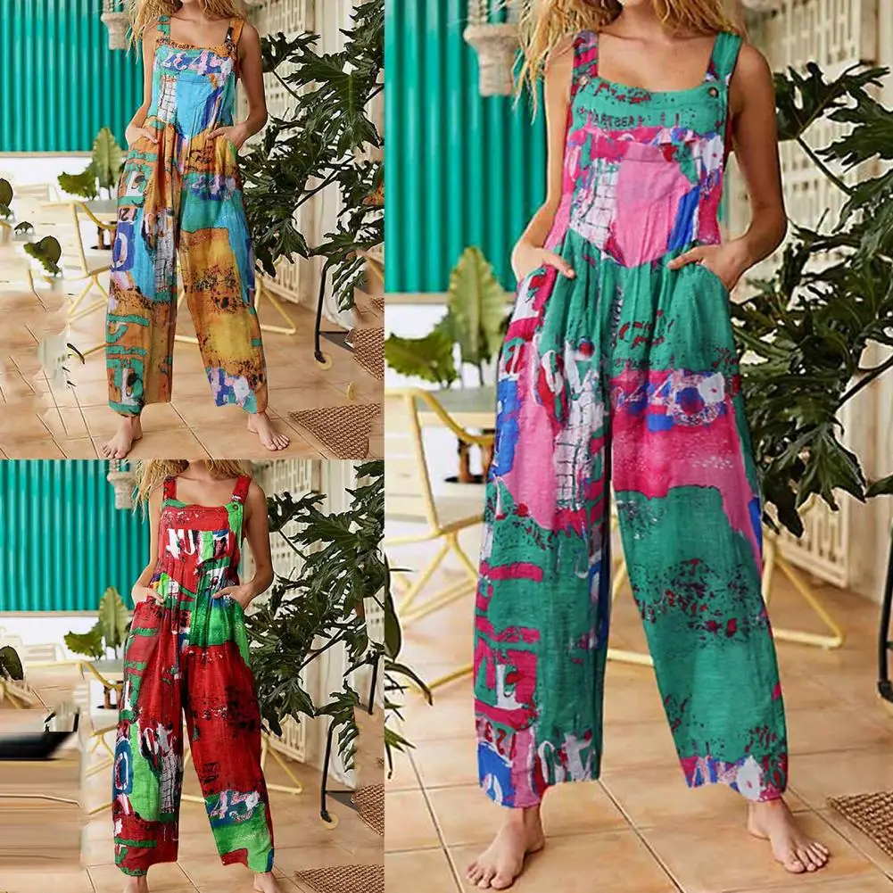 

Women Ethnic Style Jumpsuits Summer Overalls Multicolor Square Neck Sleeveless Casual Rompers with Pockets for Girls Playsuit