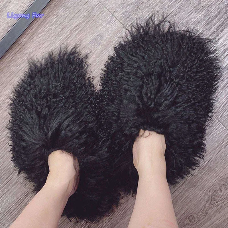

Wholesale Soft New Fashion Indoor Outdoor Real Mongolian Sheep Fur Slides Curly Mongolian Lamb Fur Slides For Women