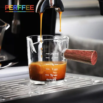 나무 손잡이 유리 에스프레소 측정 컵, 에스프레소 샷 유리, 더블 스파우트 커피 샷 유리, 우유 커피 측정 저그, 60 ml, 70 ml, 75ml