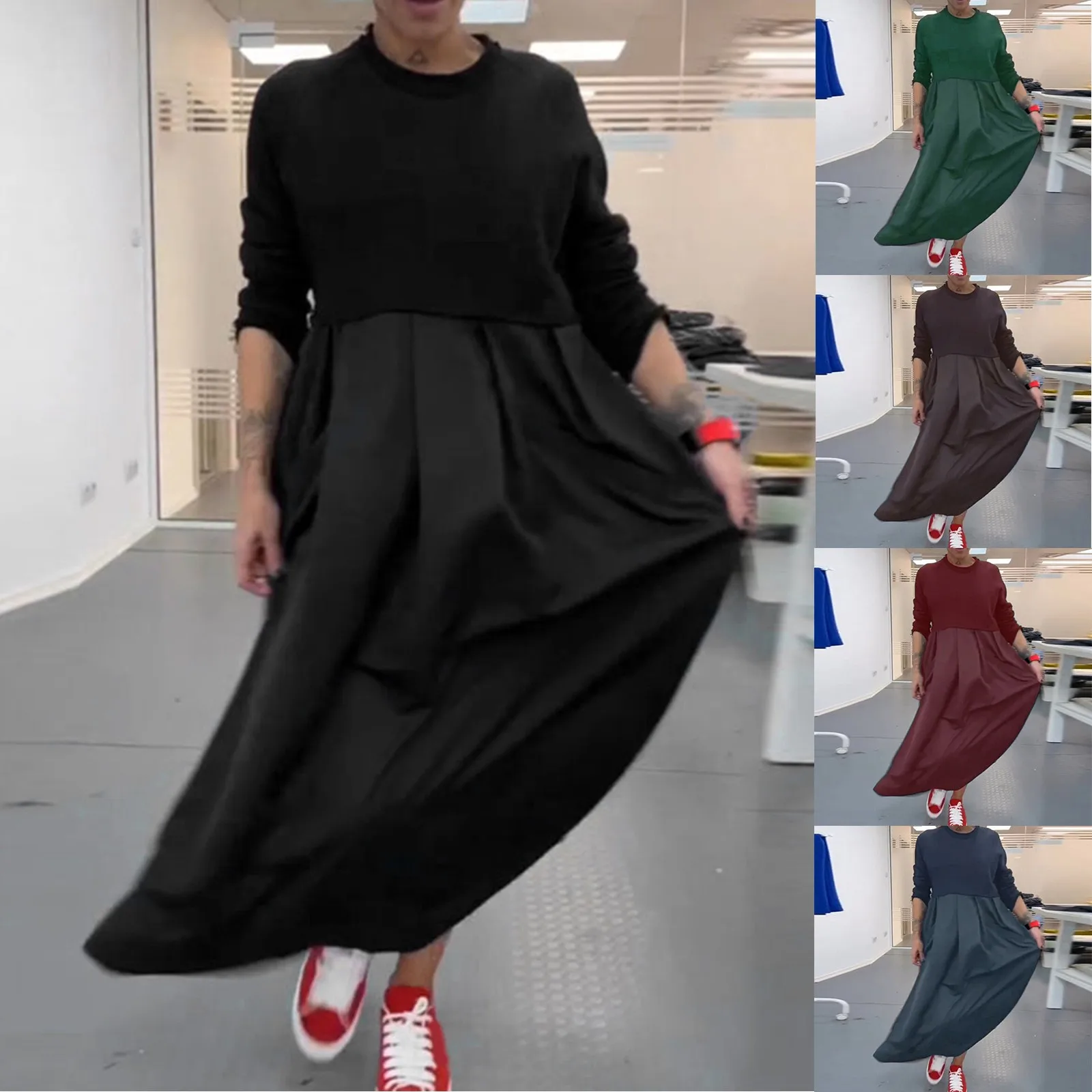 Womens Solid Round Neck Long Sleeved Patchwork Long Dress Is Fashionable And Backless club Evening party dress Casual
Womens Solid Round Neck Long Sleeved Patchwork Long Dress Is Fashionable And Backless club Evening party dress Casual