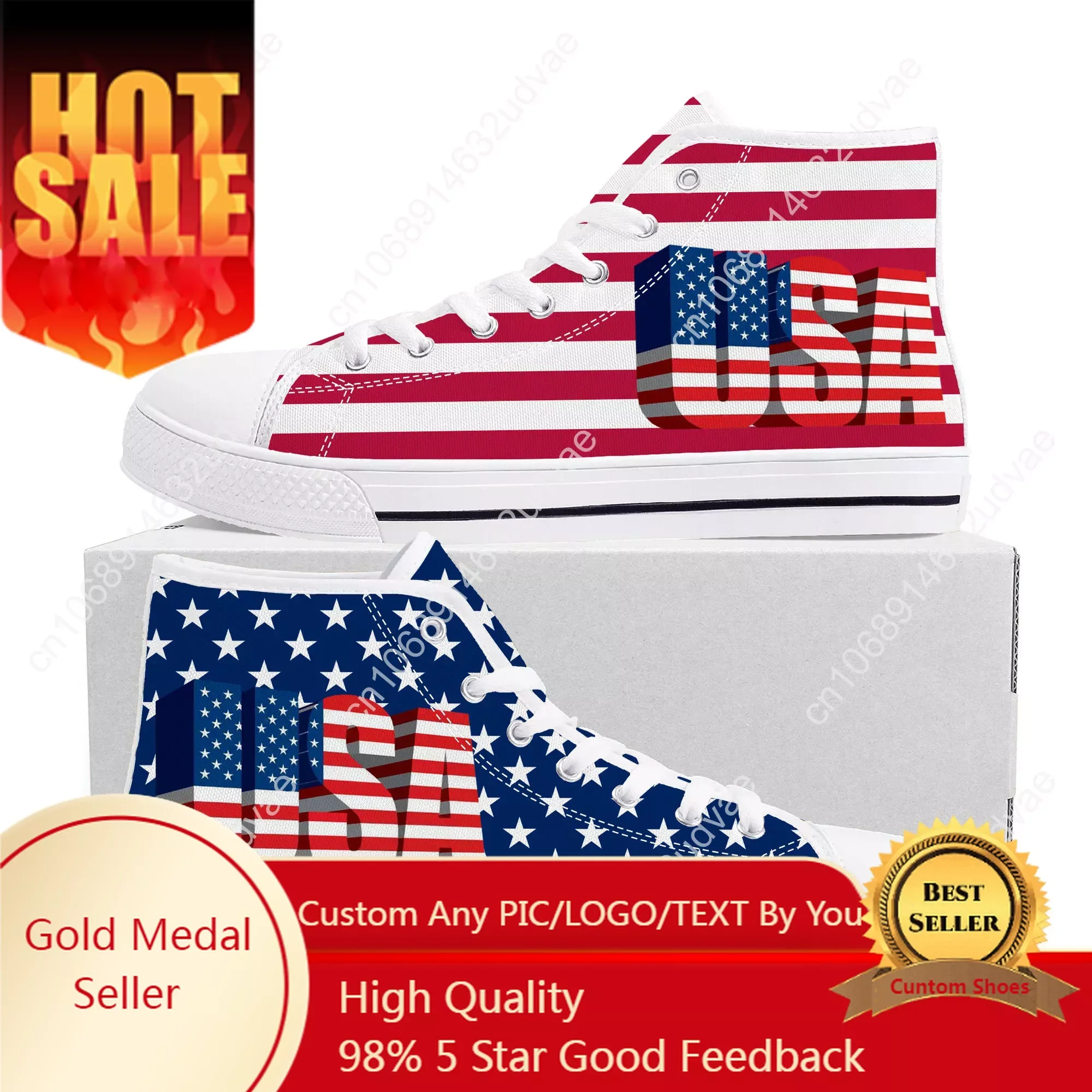 

USA Flag American Red Blue White Art High Top Sneakers Mens Womens Teenager Canvas Sneaker Casual Couple Shoes Custom Shoe