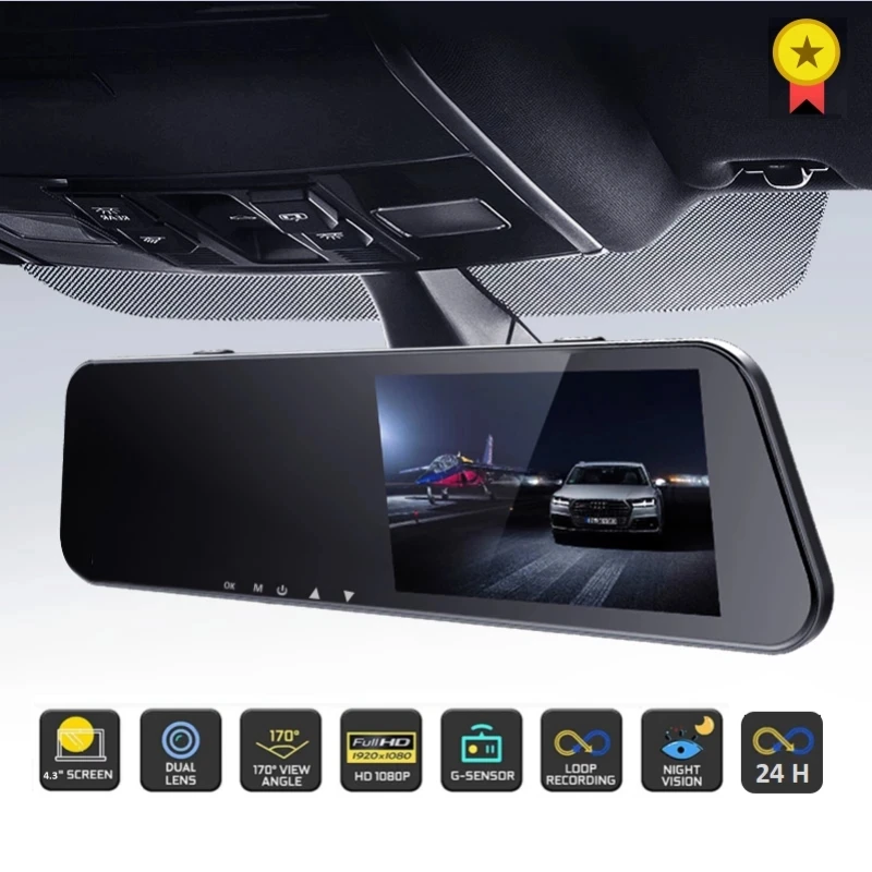 

Dual Lens 1080P 4.3in Full HD Cycle Recording Dash Cam Video Recorder Mirror Dashcam Black Box 24H DVR Dash Camera Rear View