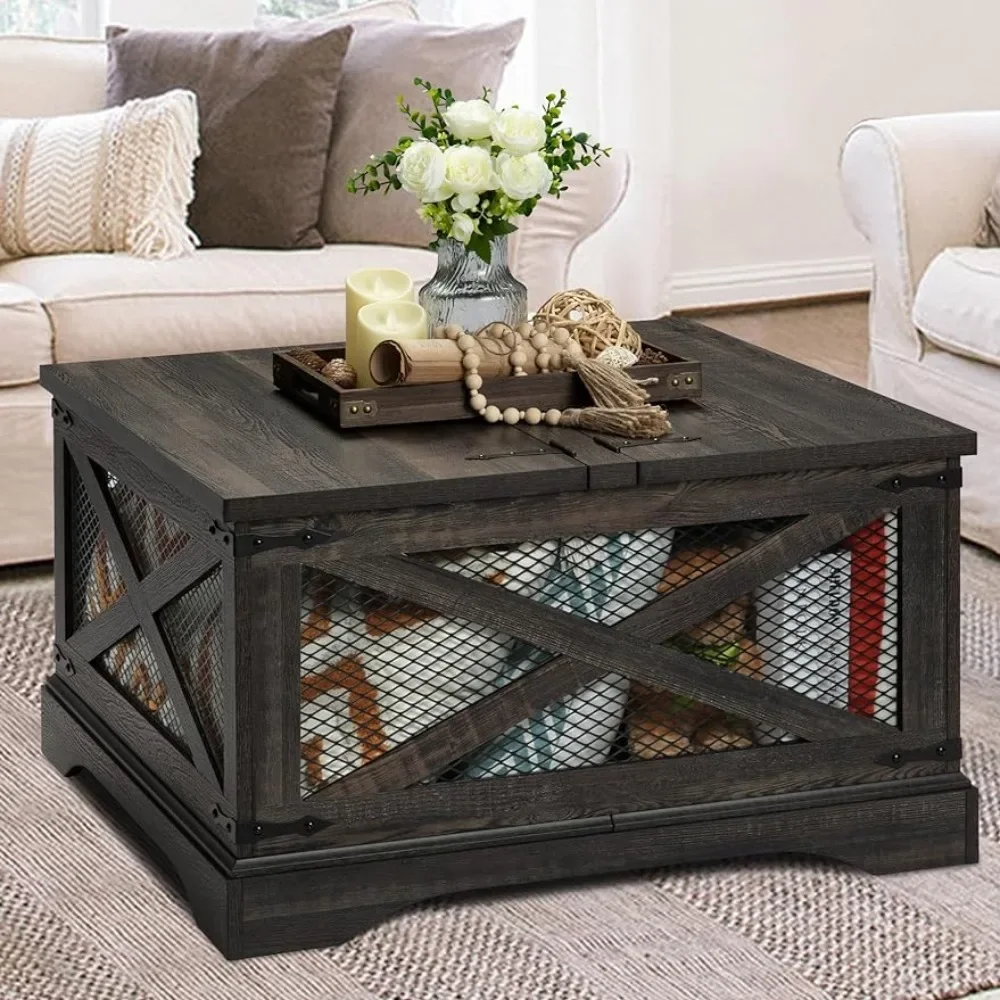 

Openwork Rustic Coffee Table W/Compatrment Industrial Coffee Table for Living Room (Dark Rustic Oak) Furniture Furnitures Tables