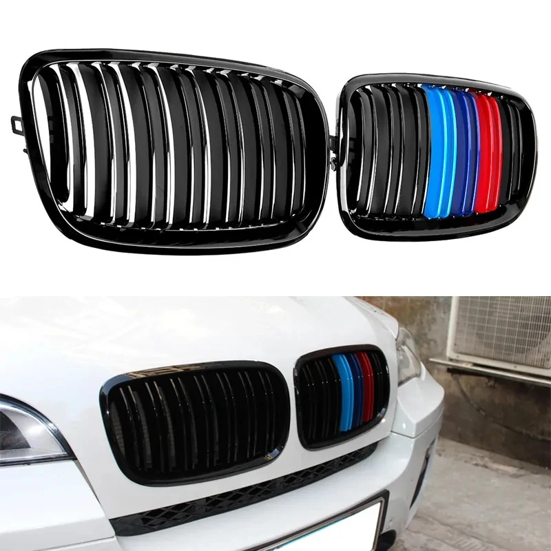 

For BMW E70 E71 E72 X5 X6 2007-2013 Racing Grills A Pair Gloss Black M Color Double Slat Kidney Grille Front Bumper Grill