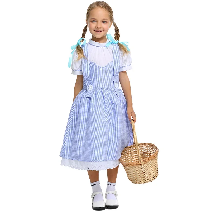 

Kids Child Alice Maid Costume Halloween Cosplay Pastoral Style Blue Lattice Farm Dress Party Stage Performance Costume