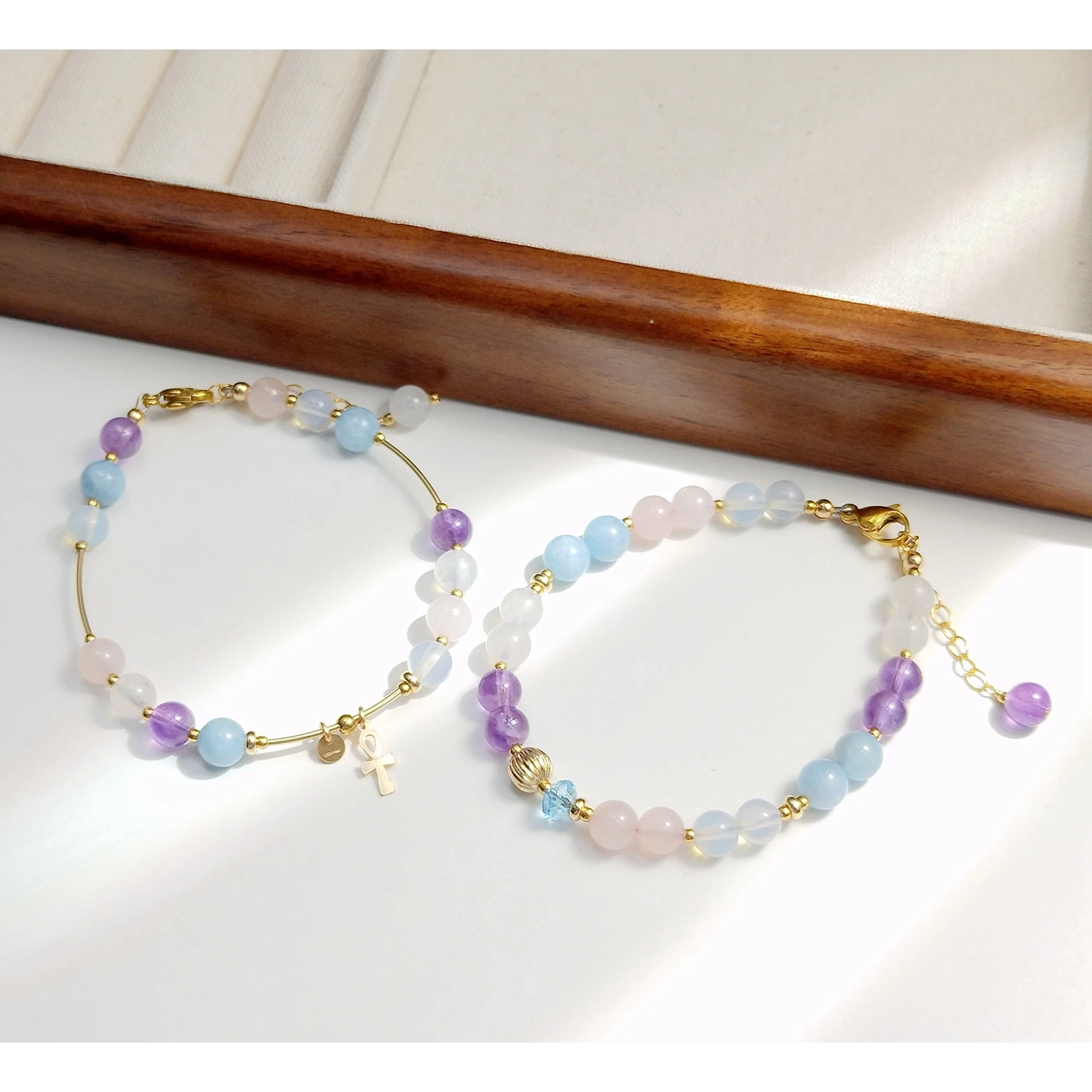 

Lii Ji Moonstone Aquamarine Rose Quartz Amethyst Opalite 6mm American 14K Gold Filled Charms Bracelet Handmade Fashion Jewelry