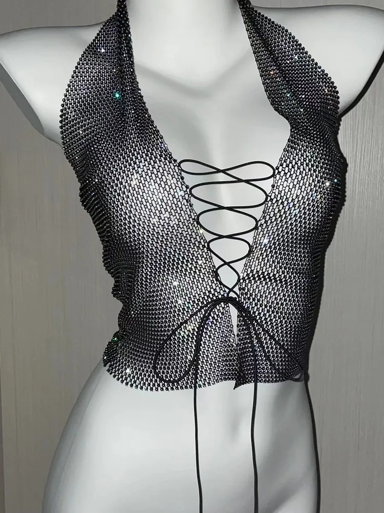 

Rhinestone Sleeveless Halter See Through Camisole Fishnet Y2K Grid Hollow Out Shiny Crystal Women Club Party Top