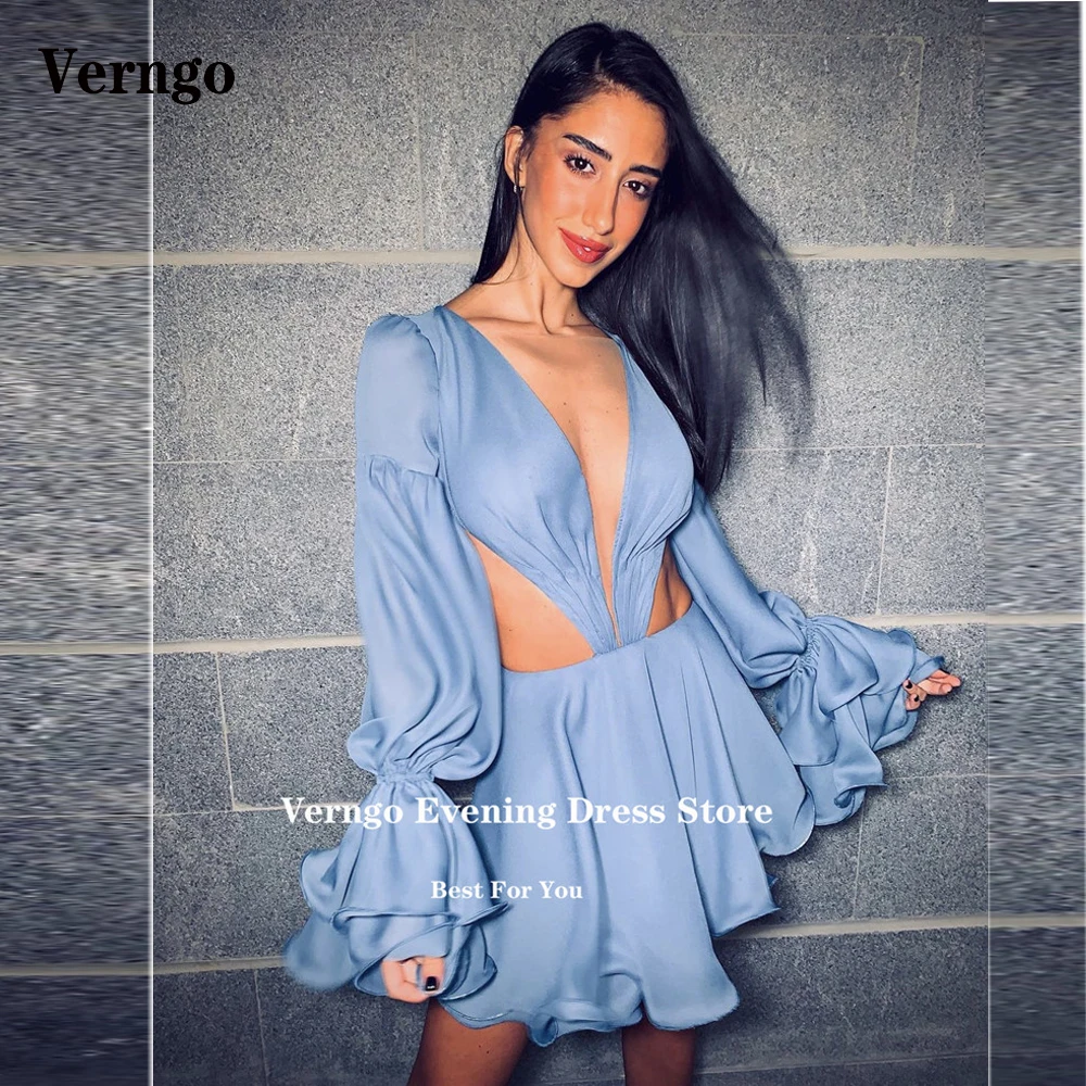 

Verngo Sexy Deep V Neck Chiffon Short Prom Party Dresses Dusty Blue Puff Long Sleeves Mini Cocktail Dress Night Club Dress