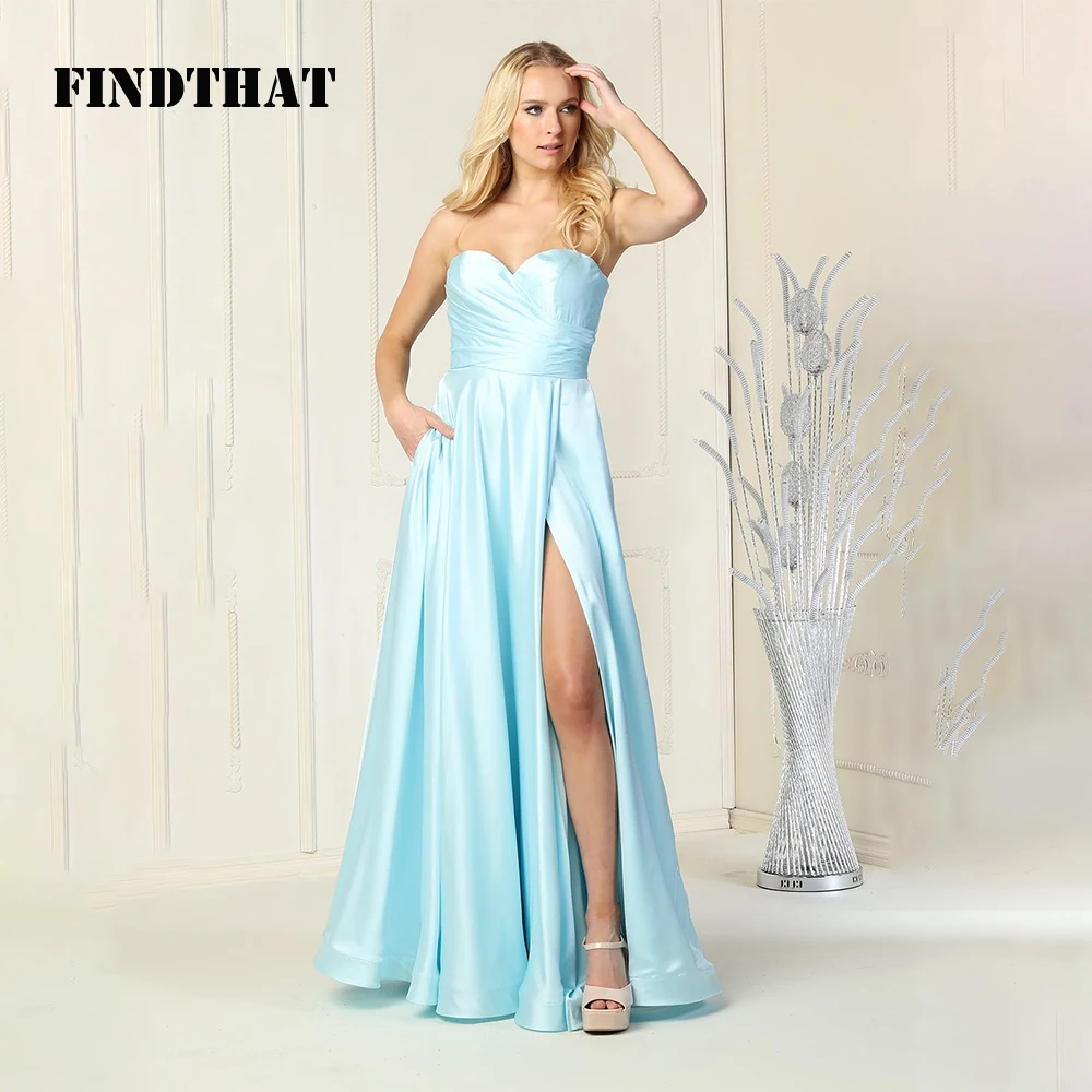 

Findthat Sky Blue Bridesmaid Prom Dress Ruched Satin Strapless A-Line Side Slit Evening Party Gowns with Pockets robes de soirée