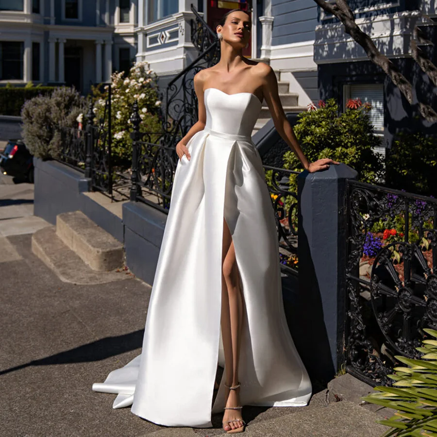 

Bride Gown A-line Detachable Sleeve Sweetheart Neck High Slit Sexy Backless Satin Wedding Party Dresses vestidos de novia