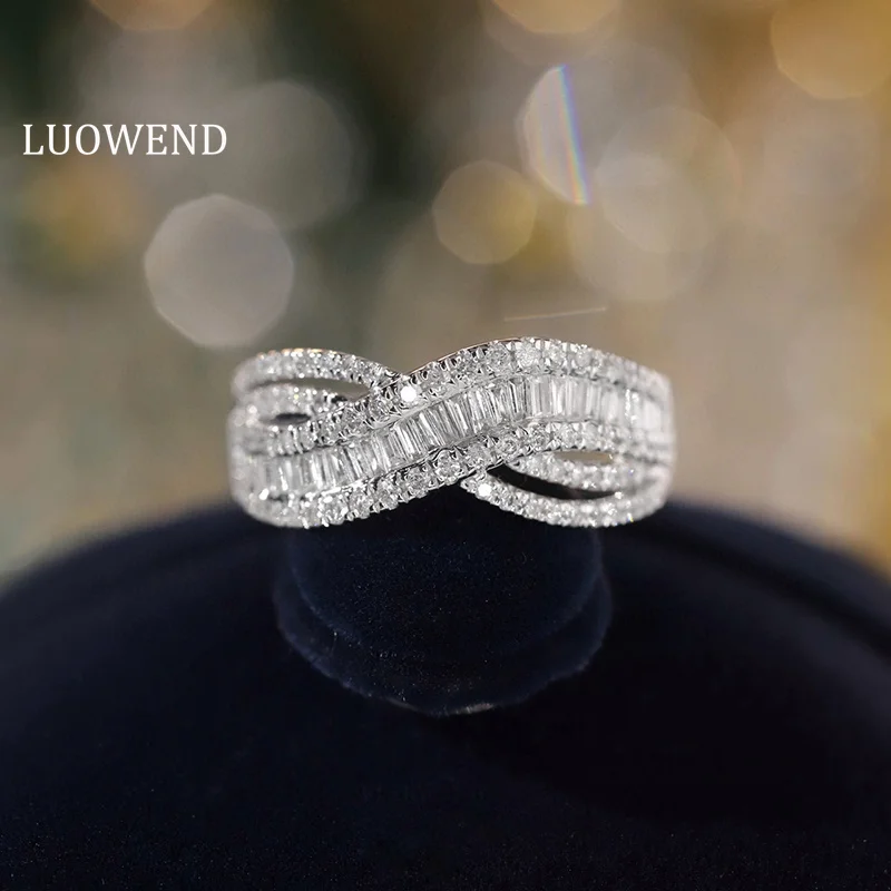

LUOWEND 18K White Gold Rings Fashion Cross Design 0.60carat Real Natural Diamond Engagement Ring for Women High Wedding Jewelry