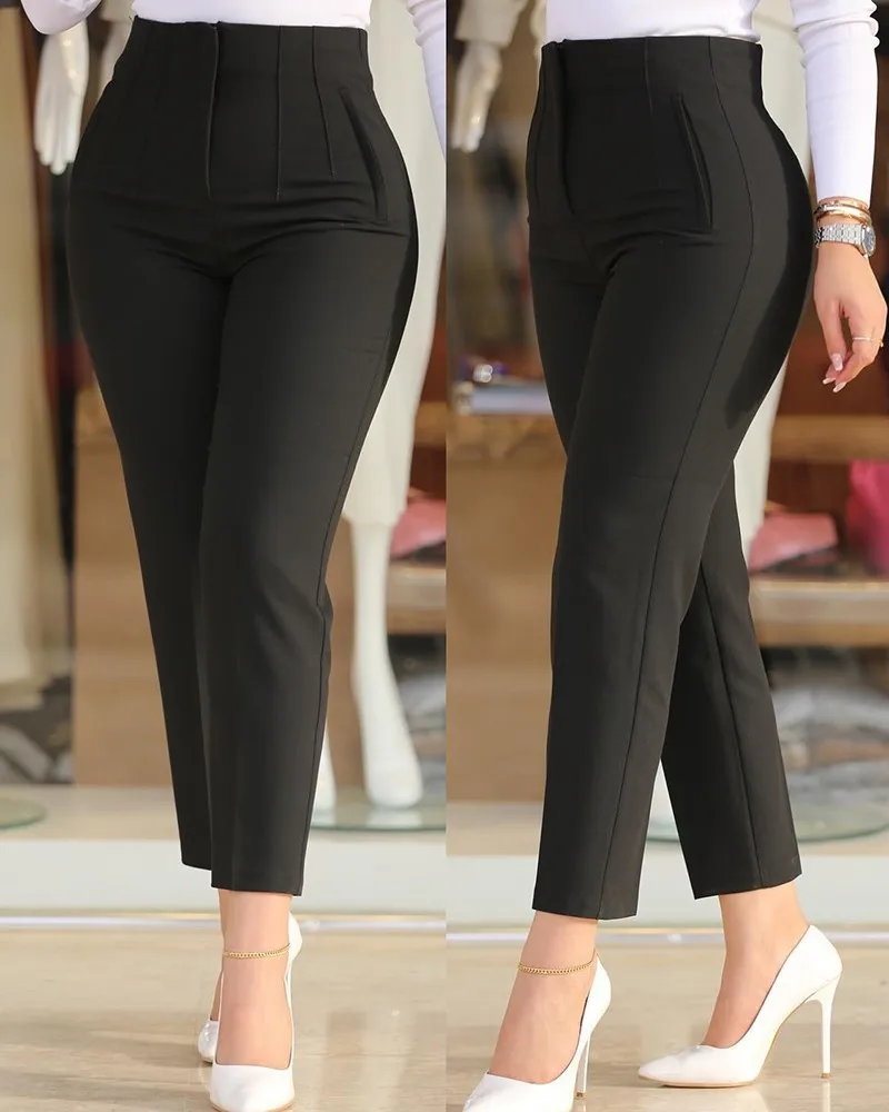 

Элегантные укороченные рабочие брюки с высокой талией для женщин, черные универсальные повседневные офисные деловые брюки, модные женские брюки 2024