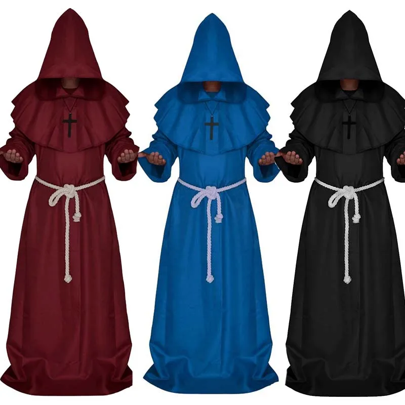 

Medieval Halloween Christian Friar Priest Robes Witch Wizard Cloak Cosplay Costumes Party Death Ghost Vampire Devil Demon Cape