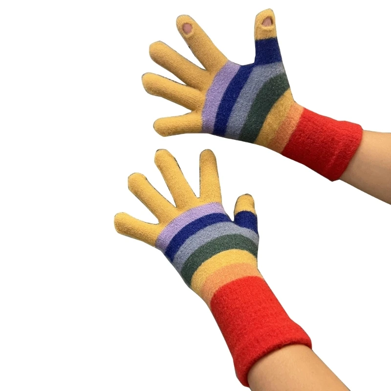 

Winter Full Finger Knit Mitten with Striped Pattern Gloves for Adult Teens